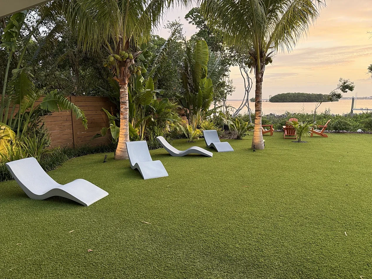 Sunset over the bay from a turf lawn with concrete lounge chairs and coconut palms